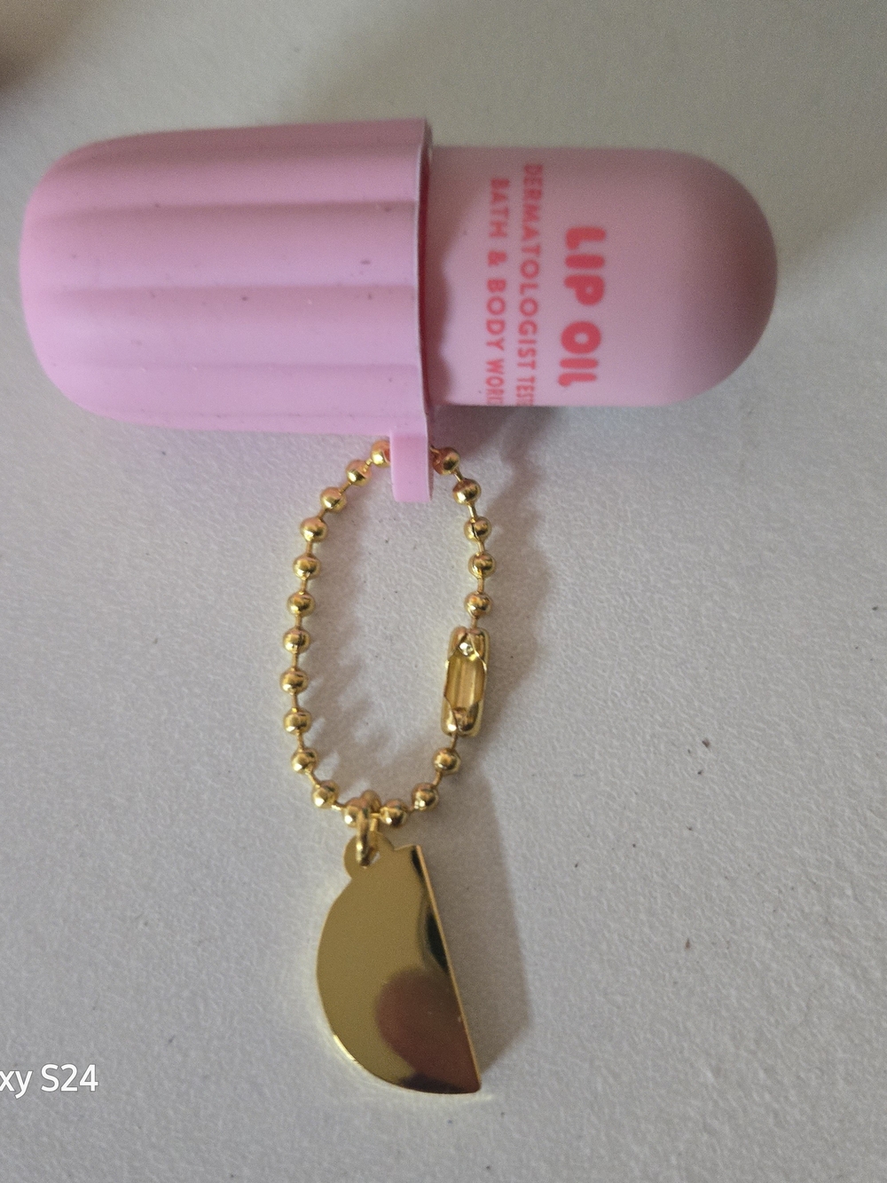 Bath & Body Works Pink Lip Oil Capsule Keychain with Gold Charm
